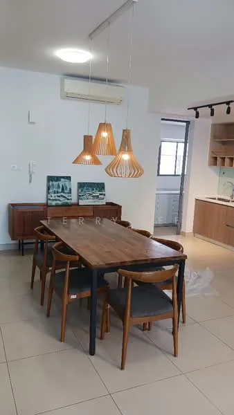Dining features: 6-seater dining table, wooden dining chairs, pendant lighting with wooden shades, wall-mounted air conditioning unit, cream tiled flooring, white painted walls, decorative wall art, open-plan layout to kitchen; style: modern. Kitchen features: wood cabinetry, countertop with sink, built-in kitchen appliances, open shelving, cream tiled flooring; style: modern.