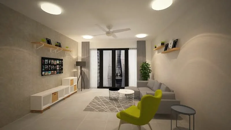 Living features: grey fabric sofa, yellow accent chair, white coffee table, black wire side table, wall-mounted shelves, framed artwork on wall, floor lamp, indoor plant, recessed ceiling lights, 5-blade ceiling fan, sliding glass door, sheer curtains, light grey tiled flooring, textured wall finish; style: modern.