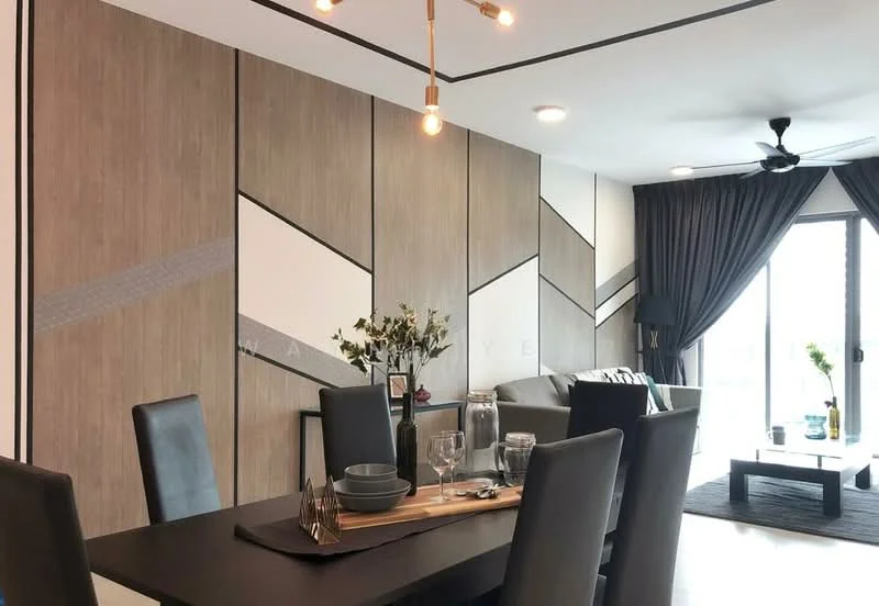 Dining features: dark wooden dining table, 6 black upholstered dining chairs, decorative table runner, glassware on the table, ceramic plates, floral centerpiece, wall with geometric wood paneling, grey curtains, floor-to-ceiling windows, ceiling fan with light, recessed lighting; style: modern; view: garden. Living features: light grey sofa, decorative cushions, coffee table, area rug, floor-to-ceiling windows, curtains, wall-mounted TV; style: modern; view: garden.