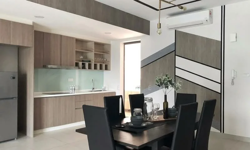 Kitchen features: light wood cabinetry, white countertop, glass backsplash, stainless-steel fridge, built-in oven, 4-burner gas hob, single-bowl stainless-steel sink, chrome pull-down faucet; style: modern. Dining features: 6-seater dining table, black upholstered dining chairs, decorative vase with flowers, table setting with plates and glasses, pendant light fixture, air conditioning unit, open shelving, staircase with black railing; style: modern.