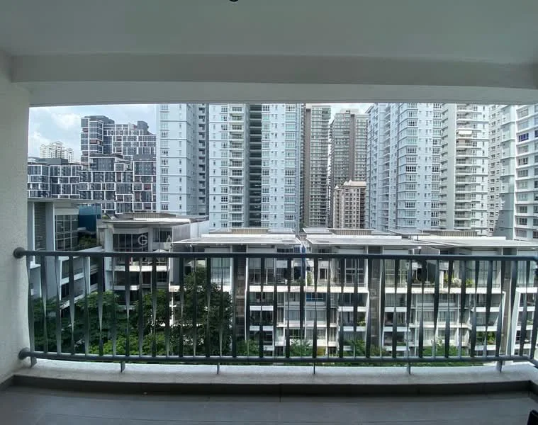 Room features: balcony with railing, concrete flooring, city skyline view, surrounded by high-rise buildings, green landscaping below; style: modern; view: city.