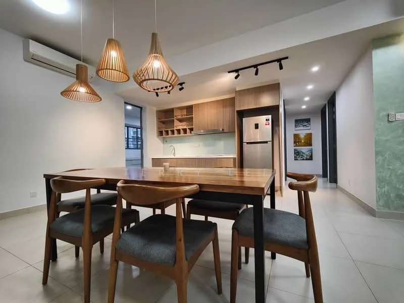 Dining features: wooden dining table, 6-seater dining table, wooden dining chairs with grey upholstery, 3 pendant lights with woven shades, wall-mounted air conditioning unit, light grey tiled flooring, open kitchen layout, built-in cabinetry, stainless-steel fridge, white backsplash, kitchen countertop with wood finish; style: modern.