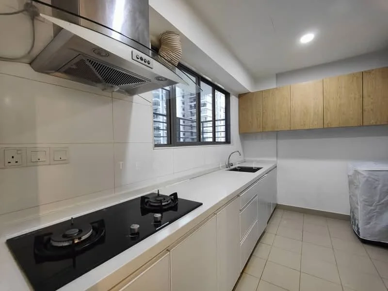 Kitchen features: white cabinets, wooden upper cabinets, white countertop, black glass cooktop with 2 burners, stainless-steel range hood, double-bowl stainless-steel sink, window with metal grille, tile flooring, wall-mounted electrical outlets, neutral wall color; style: modern.