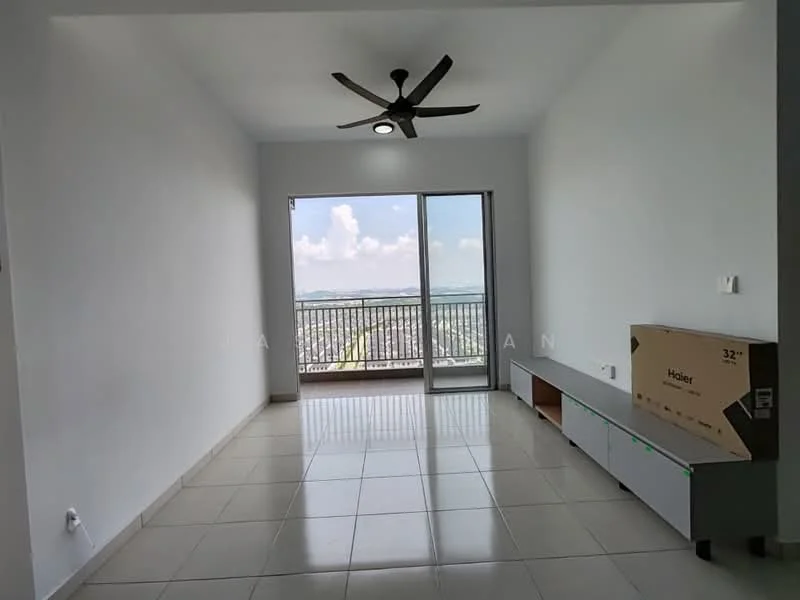 Living features: white painted walls, tile flooring, 5-blade ceiling fan, floor-to-ceiling sliding glass door, balcony access, TV console, large windows, city view; style: modern; view: city.