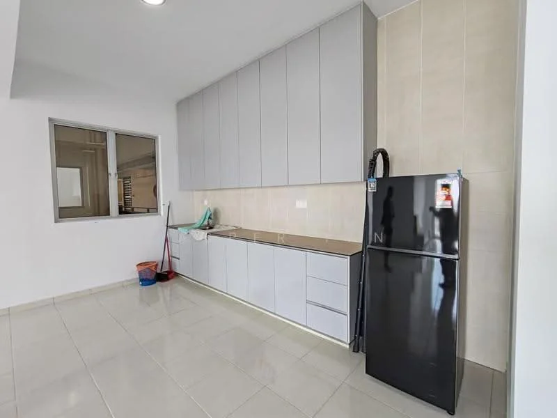 Kitchen features: grey flat-panel cabinets, white countertop, black refrigerator, single-bowl stainless-steel sink, chrome pull-down faucet, ceramic tile flooring, recessed downlights, window with view, cleaning supplies in corner, open layout; style: modern.
