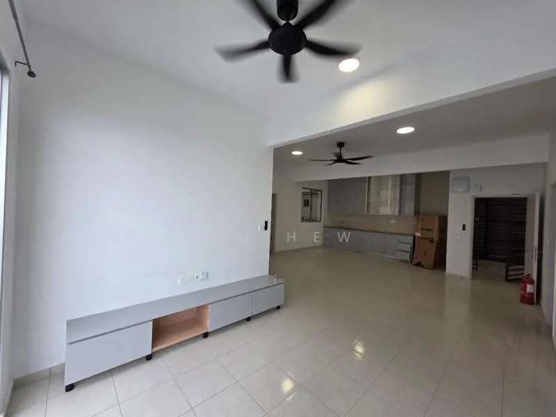 Living features: white painted walls, glossy tile flooring, 5-blade ceiling fan with light, wall-mounted TV console in grey, large windows with sheer curtains, recessed LED downlights, open layout to kitchen, neutral color palette; style: modern. Kitchen features: grey cabinetry, countertop with backsplash, built-in appliances, open layout to living area; style: modern.