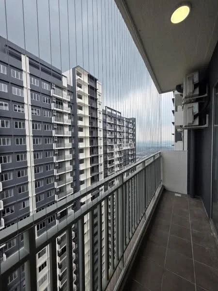 Room features: balcony with railing, grey tiled flooring, glass paneling, view of adjacent high-rise buildings, outdoor air conditioning units, overcast sky, concrete wall, sliding door access; style: modern; view: city.