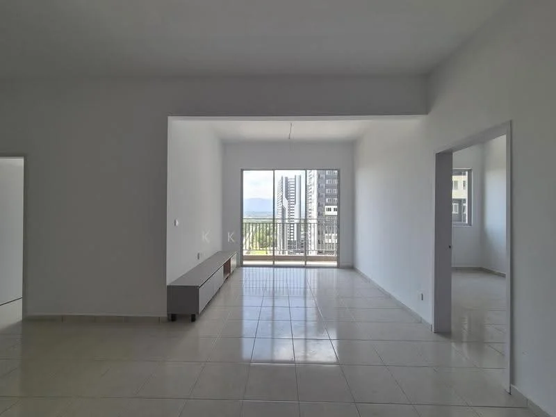 Living features: white painted walls, glossy ceramic tile flooring, floor-to-ceiling sliding glass door, balcony access, natural light from large windows, minimalist design, neutral color palette, open layout; style: modern; view: city.