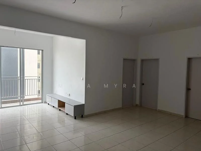 Room features: white painted walls, tile flooring, floor-to-ceiling windows, sliding glass door, balcony access, two doors leading to unknown rooms, built-in cabinet or console, ceiling with no visible fixtures; style: modern.