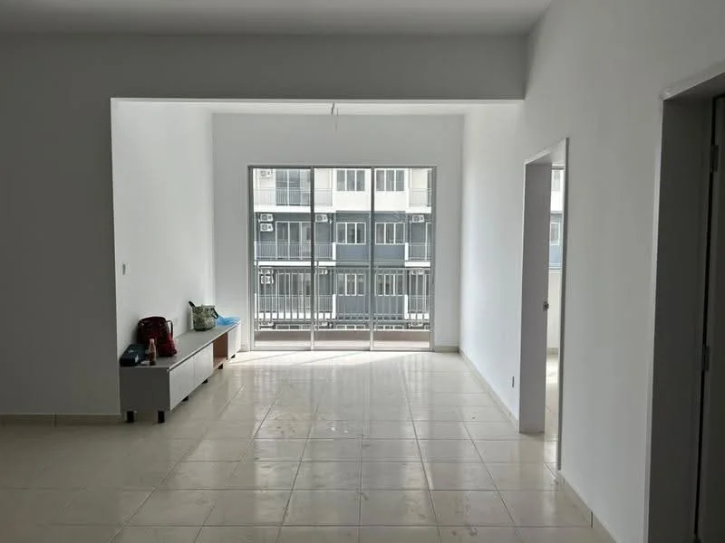 Living features: white painted walls, tile flooring, floor-to-ceiling windows, sliding glass door, balcony access, neutral decor, natural light, minimalist design; style: modern; view: city.