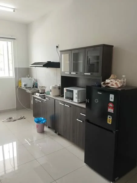 Kitchen features: dark wood cabinetry, white countertop, stainless-steel sink, chrome pull-down faucet, built-in microwave, freestanding fridge, rice cooker, kettle, ceramic tile flooring, window with sheer curtains, exhaust hood, trash bin; style: modern.