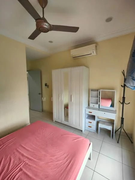 Bedroom features: queen-size bed with pink bedsheet, white wardrobe with sliding doors, white dressing table with mirror, white bedside table with drawers, ceiling fan, wall-mounted air conditioning unit, tiled flooring, light yellow painted walls.