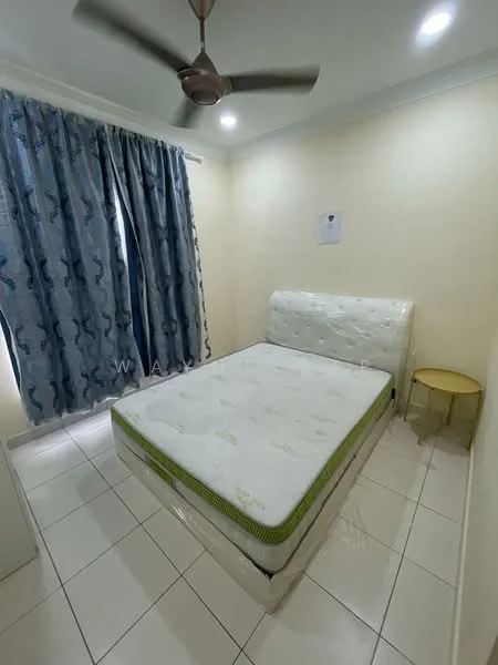 Bedroom features: queen-size bed, upholstered headboard, white bed frame, ceiling fan, white painted walls, tile flooring, curtains with blue pattern, small round side table.