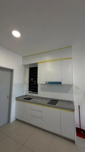 Kitchen features: white cabinetry, grey countertop, single-bowl stainless-steel sink, chrome pull-down faucet, built-in stove, tile backsplash, wall-mounted cabinets, under-cabinet lighting, ceramic tile flooring, window with black slats; style: modern.