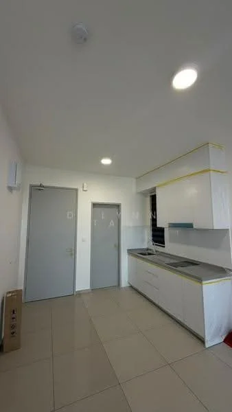 Kitchen features: white cabinetry, grey countertop, stainless-steel sink, chrome pull-down faucet, built-in oven, freestanding range oven, ceramic tile flooring, recessed downlights, wall-mounted split AC, grey painted walls, sliding door, window with black frame; style: modern.