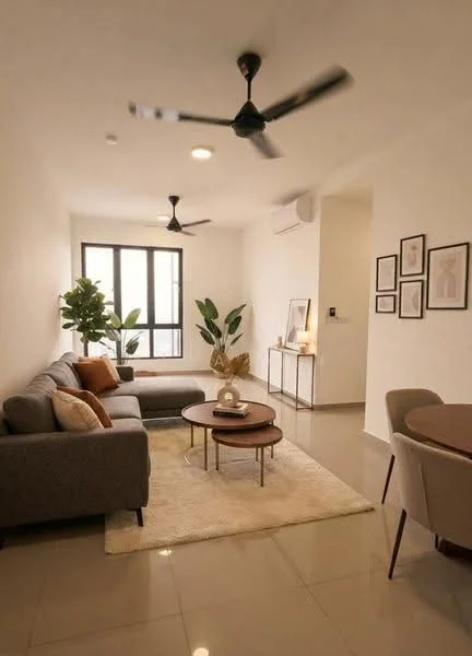 Living features: 3-seater fabric sofa in grey, 2-seater fabric sofa in beige, round coffee table with wooden top, area rug with neutral color, floor-to-ceiling windows, 2 ceiling fans, indoor plants, framed artwork on walls, light-colored walls, glossy tile flooring; style: modern; view: city.