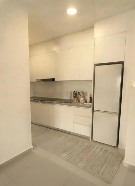 Kitchen features: white cabinetry, stainless-steel fridge, built-in oven, ceramic tile flooring, grey countertop, single-bowl stainless-steel sink, chrome pull-down faucet, recessed downlights, backsplash with grey tiles, open shelving, kitchen utensils on countertop, neutral wall colour; style: modern.