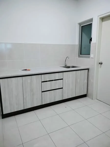 Kitchen features: single-bowl stainless-steel sink, chrome pull-down faucet, laminate countertop, light wood cabinetry, black base cabinets, white tiled backsplash, white tiled flooring, window with black frame, door to adjacent room; style: modern.
