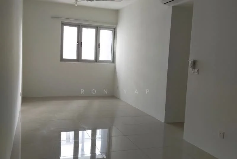Room features: white painted walls, glossy ceramic tile flooring, floor-to-ceiling windows, ceiling fan, air conditioning unit; style: modern.