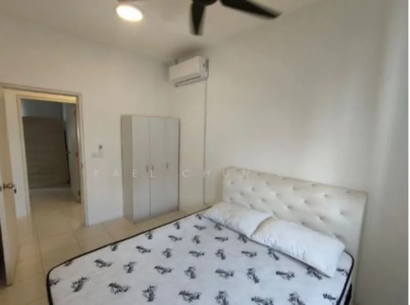 Bedroom features: queen-size bed with upholstered headboard, white bedding with floral pattern, built-in wardrobe with sliding doors, wall-mounted split AC, ceiling fan, white painted walls, tile flooring, window with natural light; style: modern.
