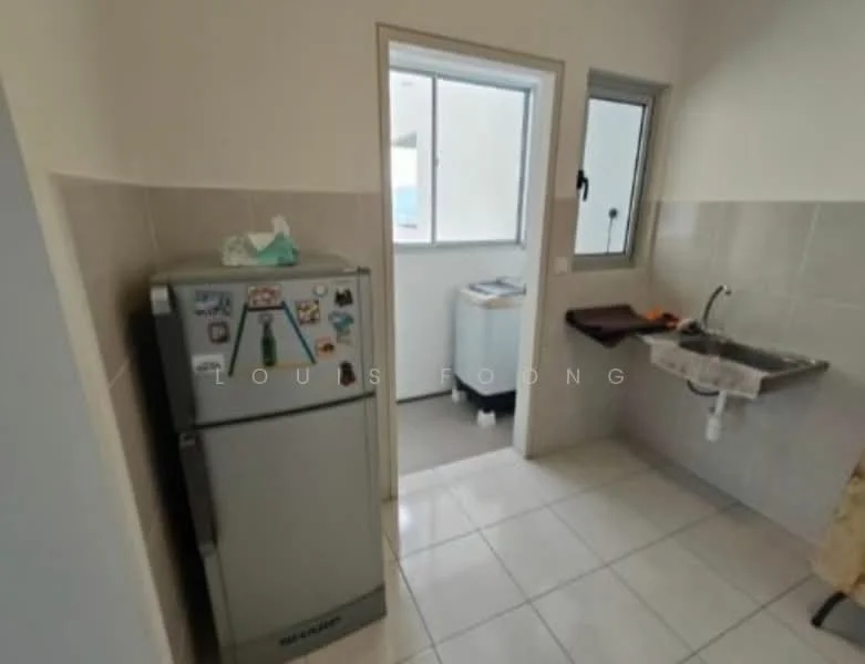 Kitchen features: stainless-steel fridge, single-bowl stainless-steel sink, wall-mounted window, white tiled walls, grey tiled flooring, countertop, washing machine visible, light fixture.