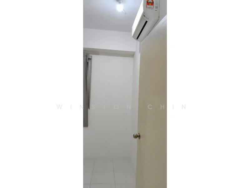 Room features: white painted walls, tile flooring, 1 wall-mounted split AC, window with sheer curtains, light fixture on ceiling, door with round knob.
