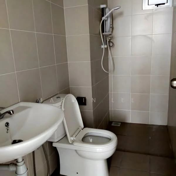 Bathroom features: white ceramic toilet, single-sink vanity with chrome faucet, shower with handheld showerhead, grey tiled walls, grey tiled flooring, window for natural light, wall-mounted mirror; style: modern.