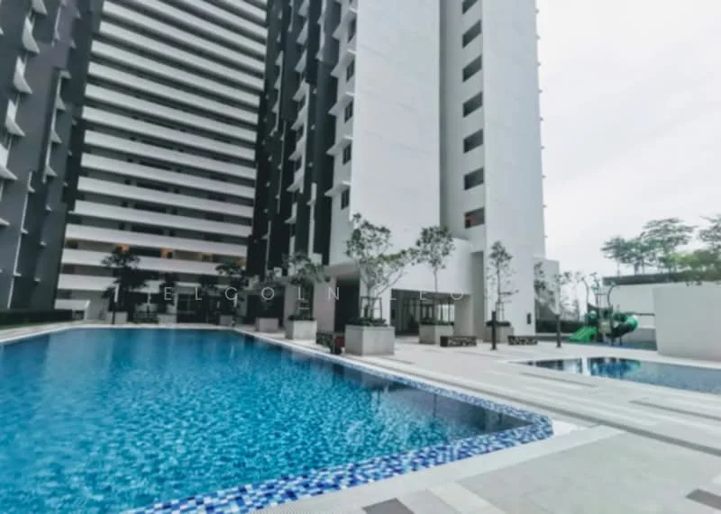 Exterior type: high-rise condominium; features: infinity pool, pool deck with loungers, landscaped garden, children's playground, glass curtain wall, white painted facade, recessed balconies, manicured lawn; style: modern.