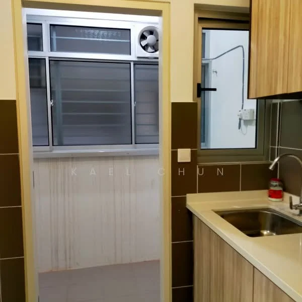 Kitchen features: single-bowl stainless-steel sink, chrome pull-down faucet, laminate countertop, wood cabinetry, cream painted walls, tile flooring, window with metal grille, wall-mounted split AC; style: modern. Laundry features: window with metal grille, cream painted walls, tile flooring.