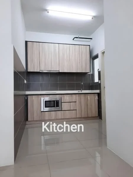 Kitchen features: laminate cabinetry in wood finish, grey tiled backsplash, white countertop, built-in oven, microwave, stainless-steel sink, chrome pull-down faucet, ceramic tile flooring, recessed ceiling lights, wall-mounted range hood; style: modern.