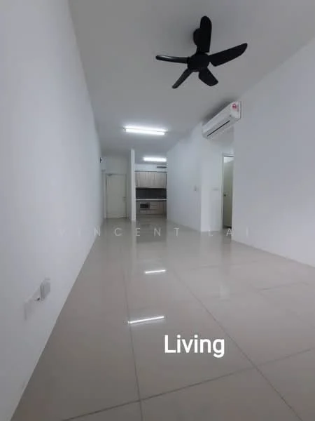 Living features: white painted walls, polished ceramic tile flooring, 5-blade ceiling fan, wall-mounted split AC, recessed LED downlights, open layout, neutral color scheme, large space; style: modern.