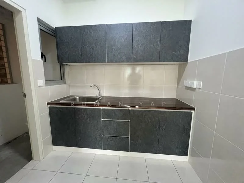 Kitchen features: dark grey cabinetry, laminate countertop, single-bowl stainless-steel sink, chrome pull-down faucet, tile backsplash, ceramic tile flooring, under-cabinet lighting, wall-mounted storage, built-in drawers; style: modern.