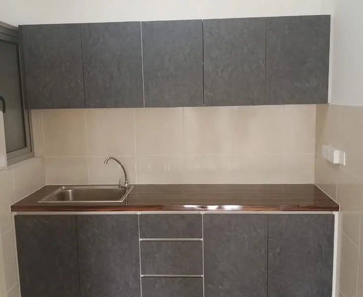 Kitchen features: single-bowl stainless-steel sink, chrome pull-down faucet, dark grey cabinetry, wood countertop, tile backsplash, under-cabinet lighting, wall-mounted window, neutral tile flooring; style: modern.