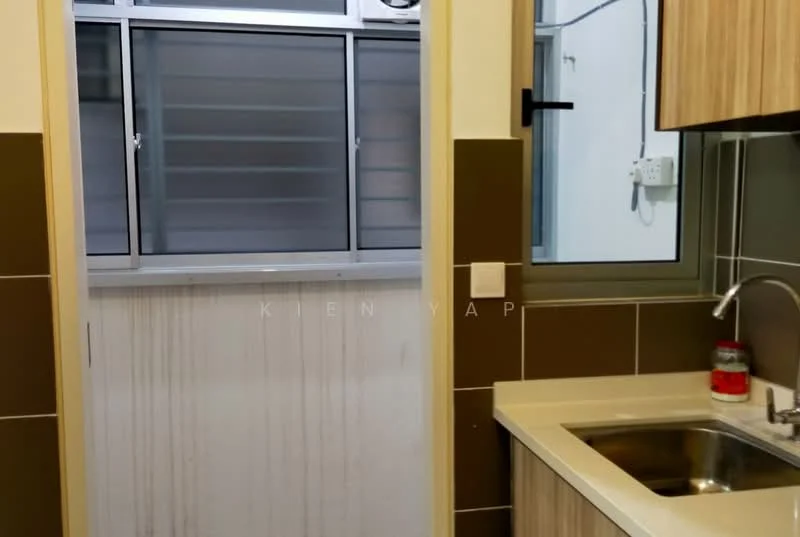 Kitchen features: single-bowl stainless-steel sink, chrome pull-down faucet, laminate countertop, wood cabinetry, grey tiled backsplash, window with sliding glass, light switch, wall-mounted electrical outlet; style: modern.