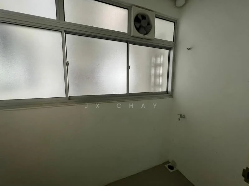 Room features: frosted glass windows, wall-mounted split AC, white painted walls, neutral flooring, water tap, corner drainage outlet.