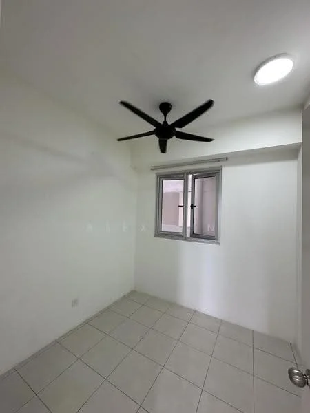 Room features: white painted walls, tile flooring, 5-blade ceiling fan, recessed downlight, window with blinds.