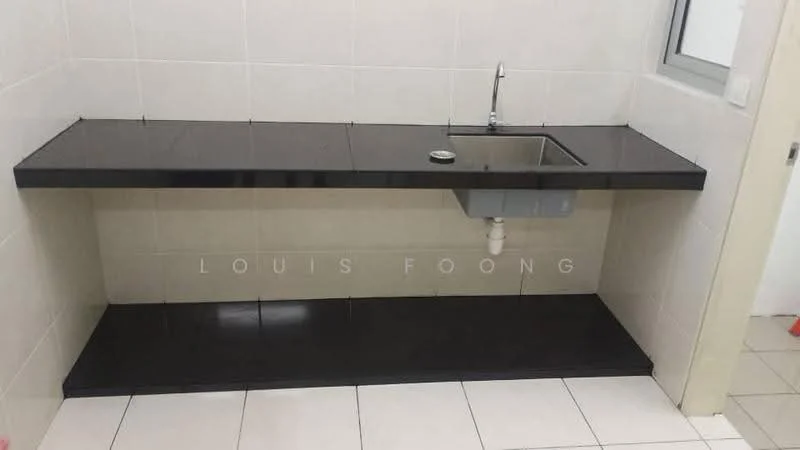 Laundry features: black granite countertop, single-bowl stainless-steel sink, chrome faucet, white tiled walls, white tiled flooring, under-counter storage space; style: modern.