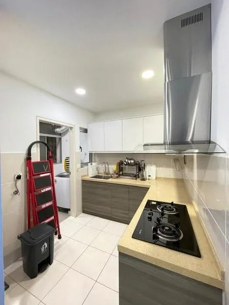 Kitchen features: light grey cabinets, cream countertop, black gas hob with two burners, stainless-steel range hood, white tiled backsplash, white walls, recessed LED downlights, ceramic tile flooring, built-in sink, kitchen appliances visible, ladder in red color, black trash bin; style: modern.