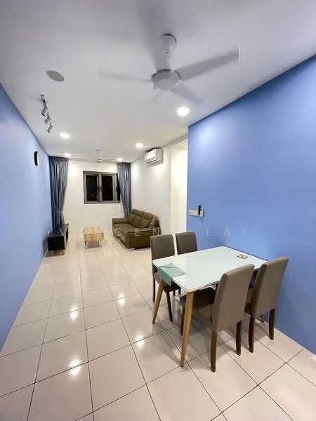 Living features: light blue painted walls, white ceiling, recessed downlights, 5-blade ceiling fan, large window with sheer curtains, glossy white tiled flooring, 3-seater fabric sofa in olive green, wooden coffee table, dining table with glass top and wooden legs, 4 upholstered dining chairs, wall-mounted TV, TV console; style: modern.