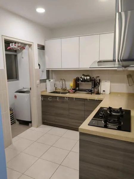 Kitchen features: white shaker cabinets, laminate countertop, stainless-steel sink, chrome pull-down faucet, built-in gas hob, exhaust hood, ceramic tile flooring, recessed downlights, wall-mounted cabinets, open shelving, built-in appliances, laundry area with washing machine; style: modern. Laundry features: front-load washing machine, storage space, white walls.
