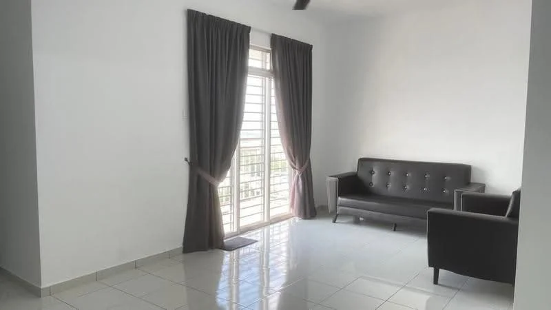 Living features: grey fabric sofa, 2-seater sofa, black armchair, white painted walls, glossy tile flooring, floor-to-ceiling windows, sheer curtains, ceiling fan, balcony door, natural light; style: modern; view: city.
