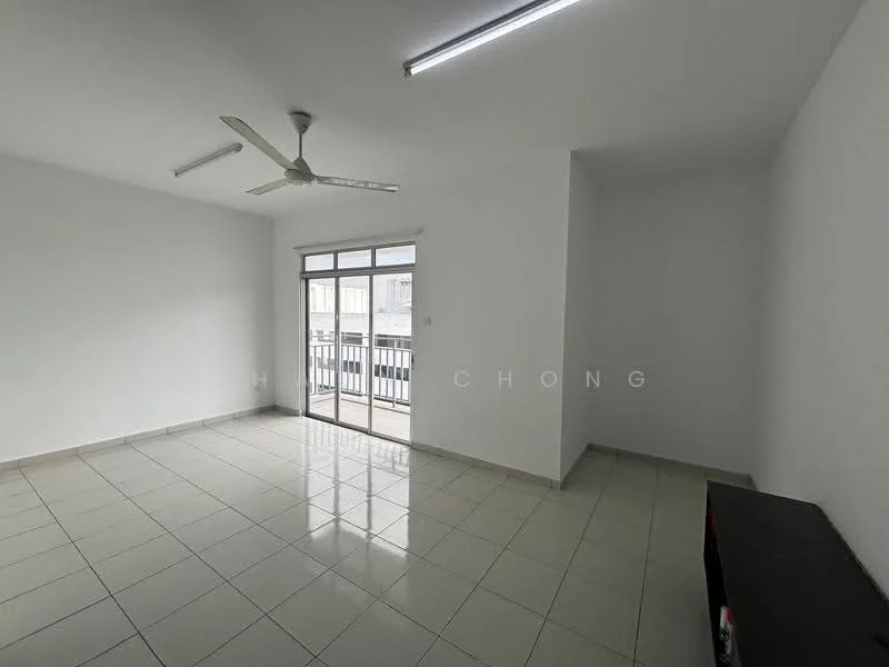 Living features: white painted walls, glossy ceramic tile flooring, 5-blade ceiling fan with light, floor-to-ceiling windows, sliding glass door, balcony access, neutral decor, no visible furniture; style: modern; view: city.