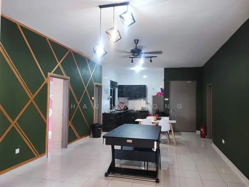 Living features: green painted walls with geometric gold accents, white tiled flooring, 5-blade ceiling fan with light, track lighting with four fixtures, black dining table, white dining chairs, kitchen area visible in background, black cabinetry in kitchen, stainless-steel appliances visible, fire extinguisher on wall; style: modern.