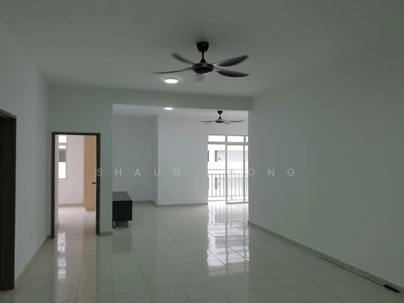 Living features: white painted walls, glossy tile flooring, 2 ceiling fans, recessed downlights, large windows, balcony access, open layout, neutral color scheme; style: modern.