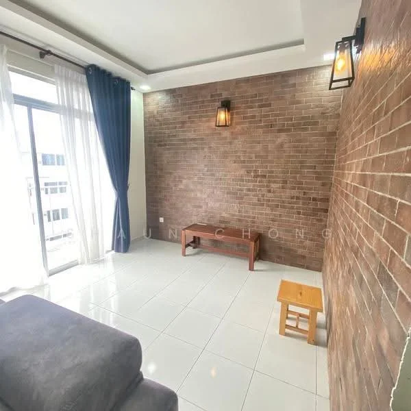 Living features: exposed brick wall, white painted walls, glossy ceramic tile flooring, floor-to-ceiling windows, sheer curtains, blue drapes, wooden coffee table, small wooden stool, recessed downlights, wall-mounted light fixtures; style: modern.
