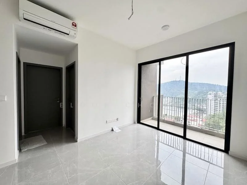 Room features: white painted walls, grey tiled flooring, floor-to-ceiling sliding glass door, balcony access, 1 wall-mounted split AC, recessed ceiling light, mountain view, open layout; style: modern; view: mountain.