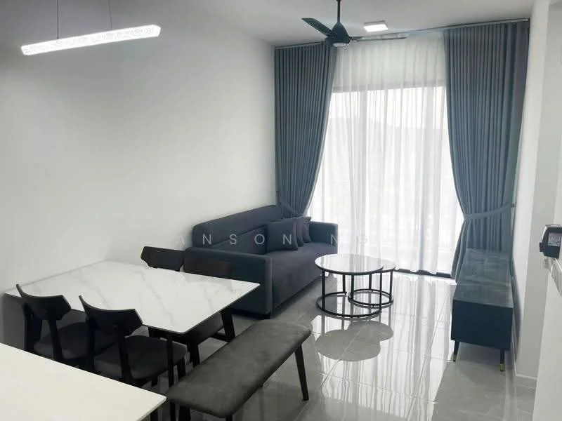 Living features: grey fabric sofa, round coffee table, 6-seater dining table with white marble top, black dining chairs, floor-to-ceiling windows, sheer curtains, dark wood sideboard, polished tile flooring, ceiling fan with light, recessed LED downlights; style: modern; view: city.