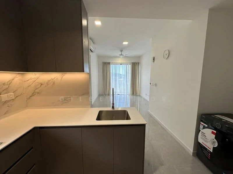 Kitchen features: single-bowl stainless-steel sink, chrome pull-down faucet, white quartz countertop, dark wood cabinetry, built-in oven, stainless-steel refrigerator, marble backsplash, recessed downlights, grey tile flooring; style: modern. Living features: floor-to-ceiling windows, sliding glass door, sheer curtains, ceiling fan, light-colored walls, grey tile flooring; style: modern; view: city.
