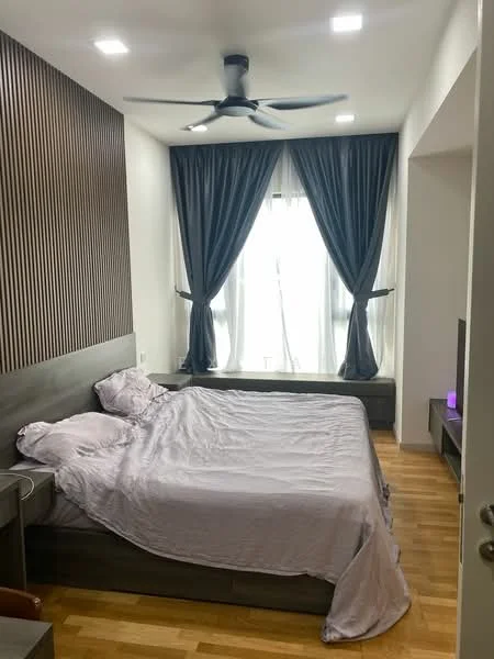 Bedroom features: king-size bed with light purple bedding, wooden flooring, grey curtains, floor-to-ceiling windows, 5-blade ceiling fan with light, wood panel accent wall, built-in bedside tables, wall-mounted TV; style: modern.