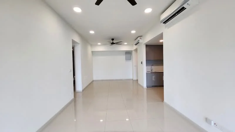 Living features: white painted walls, glossy ceramic tile flooring, 5-blade ceiling fan, recessed LED downlights, wall-mounted split AC, open layout, neutral color scheme, large windows for natural light; style: modern. Kitchen features: kitchen cabinetry, stainless-steel appliances, open layout to living area; style: modern.